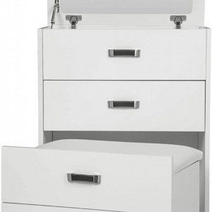 SEA285 - Set Masa toaleta, 60 cm, cosmetica machiaj cu oglinda, masuta vanity, scaun tapitat, comoda make-up- Alba