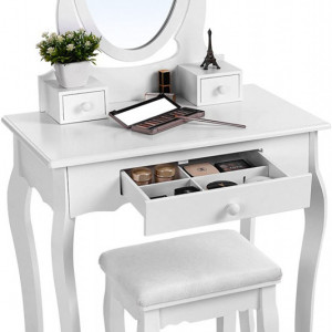 SEA290 - Set Masa toaleta, 70 cm, cosmetica machiaj, oglinda , masuta vanity, comoda make-up, scaun tapitat - Alb