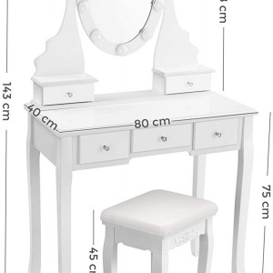 SEA343 - Set Masa toaleta cosmetica 80 cm machiaj masuta vanity, oglinda make-up cu LED, cosmetica cu scaun tapitat - Alb