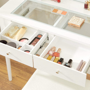 SEA346 - Set Masa alba toaleta, 90 cm, cosmetica machiaj oglinda masuta vanity cu oglinda cu LED, cu scaun tapitat