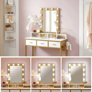 SEA356 - Set Masa toaleta, 90 cm, cosmetica machiaj cu oglinda cu LED si scaun, masuta vanity - Alb-Auriu