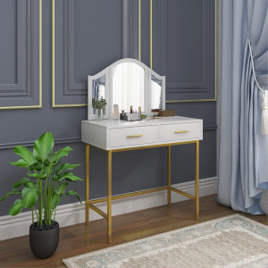 SEA364 - Set Masa toaleta, 80 cm, cosmetica machiaj, oglinda, masuta vanity - Alb-Auriu