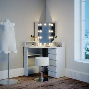 SEA369 - Set Masa toaleta, 113 cm, moderna cosmetica machiaj oglinda, masuta vanity cu sau fara LED - Alb