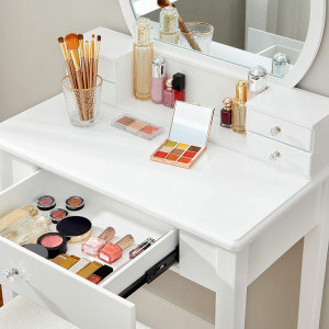 SEA376 - Set Masa toaleta, 70 cm, cosmetica machiaj, oglinda, masuta vanity cu taburet tapitat - Alb