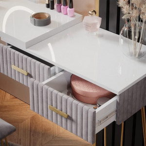 SEA393 - Set Masa toaleta, 120 cm, cosmetica machiaj, oglinda cu LED, masuta vanity, scaun tapitat - Alb-Auriu-Gri