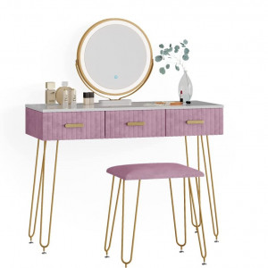 SEA396 - Set Masa toaleta, 100 cm, cosmetica machiaj, oglinda cu LED, masuta vanity, scaun tapitat - Alb-Auriu-Roz