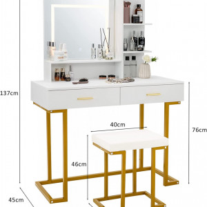 SEA397 - Set Masa toaleta, 100 cm, cosmetica machiaj, oglinda cu LED, masuta vanity, scaun tapitat - Alb-Auriu