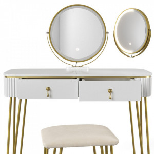 SEA398 - Set Masa toaleta, 100 cm, cosmetica machiaj, oglinda cu LED, scaunel taburet tapitat - Alb Lucios-Auriu