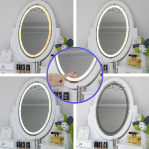 SEA530 - Set Masa toaleta, 80 cm, cosmetica machiaj, masuta cu oglinda cu LED si scaunel, taburet tapitat - Alb