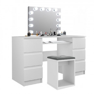 SEA535 - Set Masa toaleta, 130 cm, cosmetica machiaj, masuta vanity, oglinda cu LED-uri - Alb Lucios sau Alb Mat