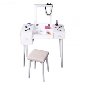 SEA605 - Set Masa toaleta, 80 cm, consola cosmetica machiaj masuta vanity make-up cu oglinda rabatabila si scaun tapitat- Alb