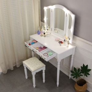 SEA76 - Set Masa toaleta, 90 cm, cosmetica, masa machiaj cu oglinda LED si scaun, masuta vanity - Alb