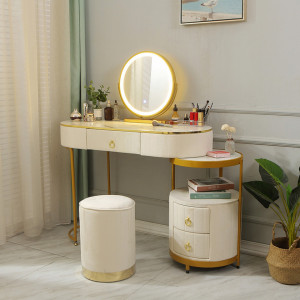 SEA79 - Set Masa toaleta, 100 cm, cosmetica, masa machiaj cu oglinda LED si scaun, masuta vanity - Alb-Auriu