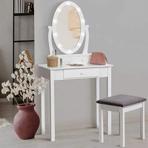 SEA901 - Set Masa toaleta 70 cm, cosmetica machiaj cu oglinda cu sau fara LED, masuta vanity - Alb