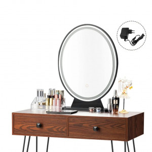 SEM12- Set Masa toaleta, 80 cm, cosmetica machiaj oglinda cu LED, masuta makeup cu scaun tapitat - Maro-Negru