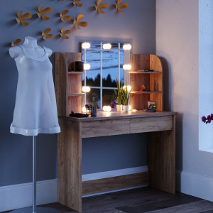 SEM220 - Set Masa toaleta, 108 cm, cosmetica machiaj oglinda cu sau fara LED, masuta vanity, cu sau fara scaunel - Maro
