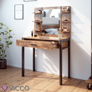 SEM226 - Set Masa toaleta, 80 cm, cosmetica machiaj oglinda cu sau fara LED, masuta vanity, cu sau fara bancuta - Maro stil industrial