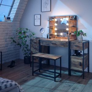 SEM229 - Set Masa toaleta, 140 cm, cosmetica machiaj oglinda cu sau fara LED, masuta vanity, cu sau fara bancuta - Maro stil industrial