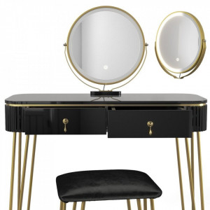 SEN237 - Set Masa toaleta, 100 cm, cosmetica machiaj, oglinda cu LED, scaunel taburet tapitat - Negru Lucios-Auriu