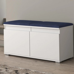 BAA505 - Banca 100x37x51 cm, Pantofar pentru Hol, pantofi, depozitare - Alb cu tapiterie Gri/Albastru/Verde