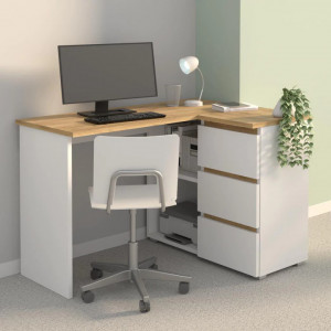 BIA517 - Birou pe colt 124x85 cm, masa de calculator cu 3 sertare, office - Alb-Maro, Colectia LIAM