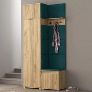 CUI512 - Cuier 104x37x214 cm - 3 agatatori haine, hol, pantofar - Stejar, tapiterie Turcoaz/Gri/Albastru