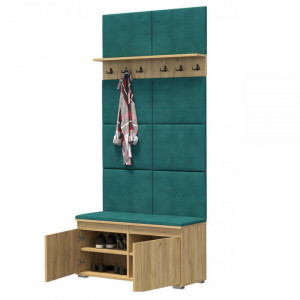 CUI527 - Cuier 100x37x214 cm - 6 agatatori haine, hol, pantofar - Culoarea Stejar, tapiterie Verde/Gri/Albastru