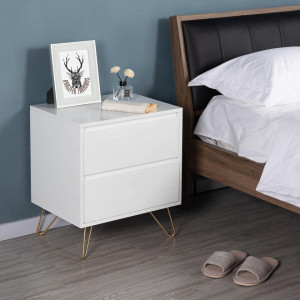 NOA222 - Noptiera cu 2 sertare si picioare metalice, 50 cm, dormitor, living, hol - Alb-Auriu