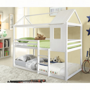 PAAC601 - Pat supraetajat casuta cu scara si bara protectie pentru 2 persoane, dormitor copii - 90 x 200 cm - Alb