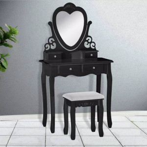 SEA268 - Set Masa toaleta 75 cm cosmetica machiaj, oglinda in forma de inima, masuta vanity, scaun tapitat - Alb sau Negru