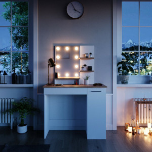 SEA293 - Set Masa toaleta, 90 cm, cosmetica machiaj oglinda cu sau fara LED, masuta vanity, cu sau fara scaunel - Alb-Maro