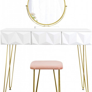 SEA298 - Set Masa toaleta, 100 cm, cosmetica machiaj cu oglinda si scaun, masuta vanity - Alb