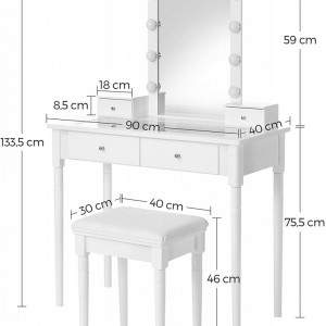 SEA346 - Set Masa alba toaleta, 90 cm, cosmetica machiaj oglinda masuta vanity cu oglinda cu LED, cu scaun tapitat