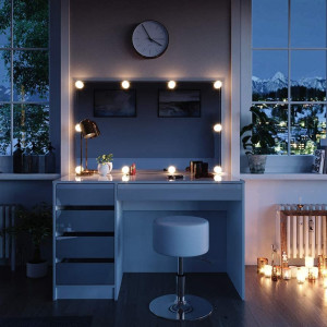 SEA352 - Set Masa toaleta, 120 cm, masuta vanity cu incarcare Qi, moderna cosmetica machiaj oglinda cu sau fara LED, cu sau fara scaun- Alb Lucios