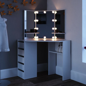 SEA354 - Set Masa alba toaleta cosmetica machiaj oglinda cu LED, masuta vanity pe colt cu incarcare USB