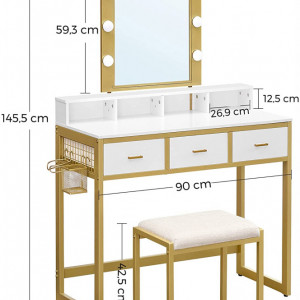 SEA356 - Set Masa toaleta, 90 cm, cosmetica machiaj cu oglinda cu LED si scaun, masuta vanity - Alb-Auriu