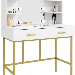 SEA362 - Set Masa toaleta, 90 cm, cosmetica machiaj, oglinda cu LED, masuta vanity - Alb-Auriu