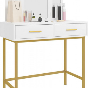 SEA364 - Set Masa toaleta, 80 cm, cosmetica machiaj, oglinda, masuta vanity - Alb-Auriu