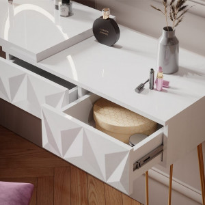 SEA391 - Set Masa toaleta, 120 cm, cosmetica machiaj, oglinda cu LED, masuta vanity, scaun tapitat - Alb-Auriu