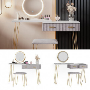 SEA393 - Set Masa toaleta, 120 cm, cosmetica machiaj, oglinda cu LED, masuta vanity, scaun tapitat - Alb-Auriu-Gri