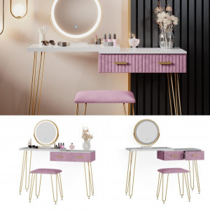 SEA394 - Set Masa toaleta, 120 cm, cosmetica machiaj, oglinda cu LED, masuta vanity, scaun tapitat - Alb-Auriu-Roz