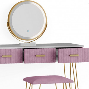 SEA396 - Set Masa toaleta, 100 cm, cosmetica machiaj, oglinda cu LED, masuta vanity, scaun tapitat - Alb-Auriu-Roz
