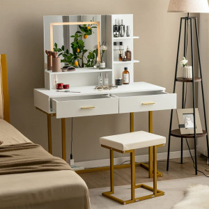 SEA397 - Set Masa toaleta, 100 cm, cosmetica machiaj, oglinda cu LED, masuta vanity, scaun tapitat - Alb-Auriu