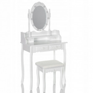 SEA517 - Set Masa alba toaleta, 75 cm, cosmetica machiaj oglinda cu LED, masuta vanity, scaunel, taburet tapitat