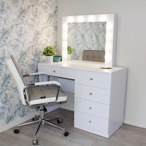 SEA534 - Set Masa toaleta, 110 cm, cu manere tip Cristal, masuta cosmetica machiaj, vanity cu sau fara scaun, oglinda cu LED-uri - Alb