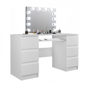 SEA535 - Set Masa toaleta, 130 cm, cosmetica machiaj, masuta vanity, oglinda cu LED-uri - Alb Lucios sau Alb Mat