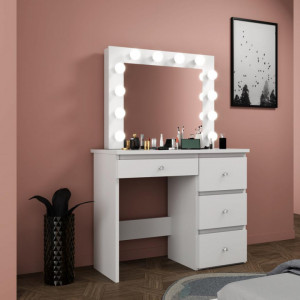 SEA538 - Set Masa toaleta, 94 cm, cosmetica machiaj oglinda masuta vanity, oglinda cu LED-uri cu sau fara scaun - Alb