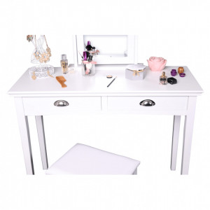SEA606 - Set Masa toaleta, 100 cm, consola cosmetica machiaj masuta vanity make-up cu oglinda si scaun tapitat- Alb