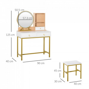 SEA70 - Set Masa toaleta, 90 cm, cosmetica machiaj, oglinda cu LED si scaun, masuta vanity - Alb-Auriu