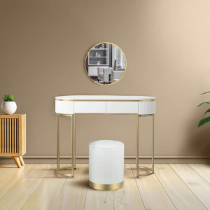 SEA74 - Set Masa toaleta, 100 cm, cosmetica, masa machiaj cu oglinda si scaun, masuta vanity - Alb-Auriu